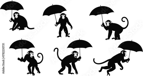 Playful monkey silhouettes holding umbrellas in various poses, whimsical animal illustration, creative vector design, fun cartoon style,