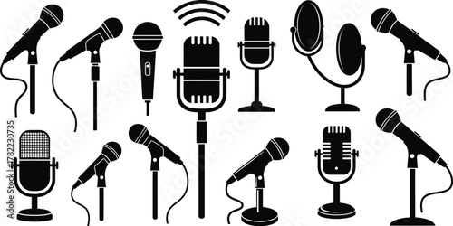 Microphone icons set silhouette, vector illustration 