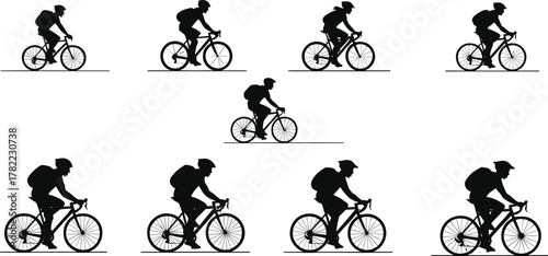Cycling motion silhouette vector set, bicycle rider illustration, sports biomechanics design, urban commuting lifestyle scene, fitness exercise transportation flat vector