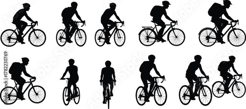 Cyclist silhouette vector set, bicycle rider illustration, sports activity design, urban transportation lifestyle scene, fitness commuting exercise flat vector