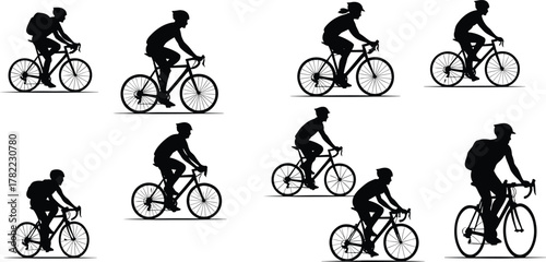 Cyclist silhouette vector set, bicycle rider illustration, sports activity design, urban commuting lifestyle scene, outdoor fitness exercise transportation flat vector