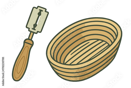 Traditional sourdough bread baking tools proofing basket and razor blade lame