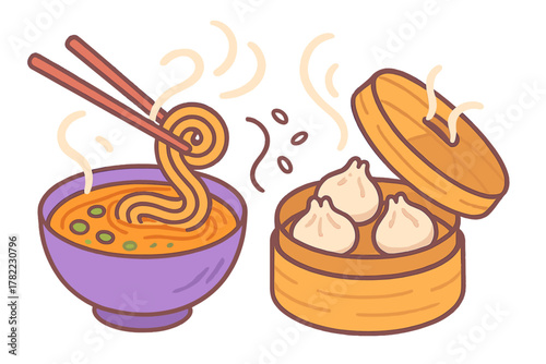 Steaming ramen noodles in a bowl served with fresh dumplings in a bamboo steamer