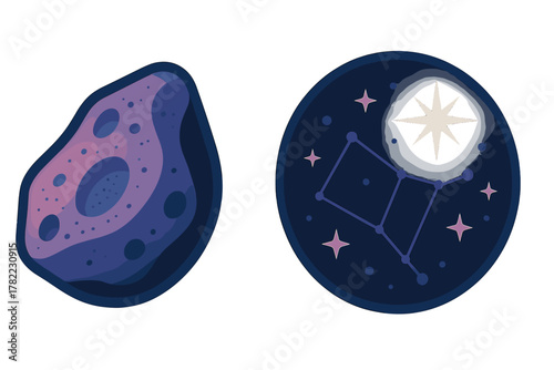 Purple asteroid and dark blue constellation with bright stars in stylized cosmic setting