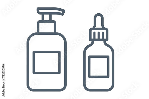 Cosmetic pump bottle and dropper bottle outline icons for beauty products