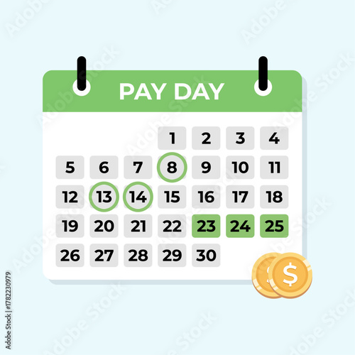 Payday date in calendar. Subscription payday. Monthly payday date. Flat calendar with button pay. Tax pay scheduled on calendar. Regular payments online. Vector illustration.
