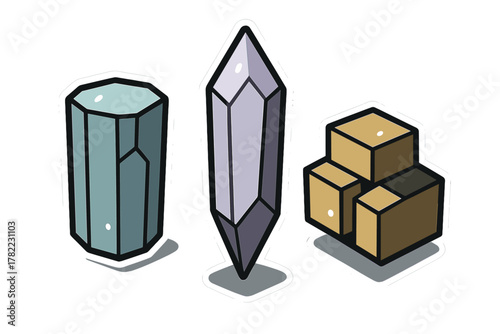 Collection of three stylized geometric crystals and minerals in various shapes and colors
