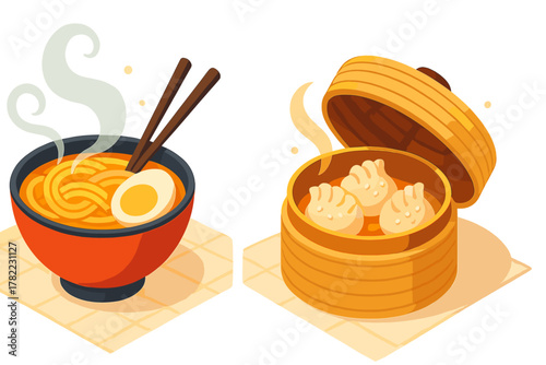 Steaming bowl of ramen noodles with egg and chopsticks beside a bamboo steamer basket of dim sum dumplings