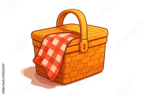 Classic woven picnic basket with sturdy handle and red and white gingham blanket