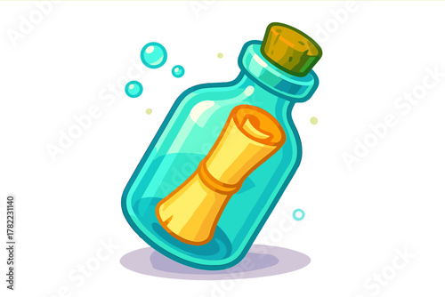 Message in a bottle floating in water with a cork stopper and bubbles isolated on white