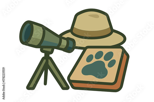Wildlife observation tools featuring a tripod mounted spotting scope, safari hat, and book with animal paw print