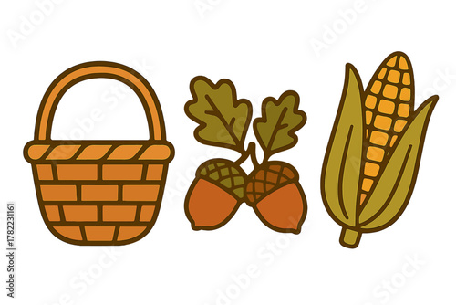 Traditional autumn harvest symbols including a wicker basket, oak acorns, and an ear of corn