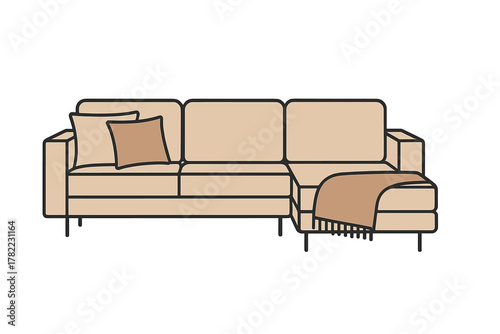 Minimalist modern sectional sofa with chaise lounge, throw blanket, and decorative pillows