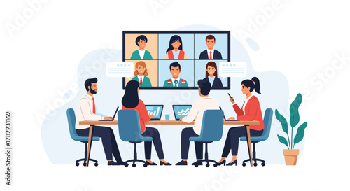 Diverse team collaborates on video conference call presenting business strategy in modern office setting