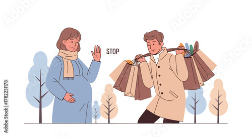 Warning pregnant woman about not carrying heavy bags, ideal for health awareness and maternity education materials