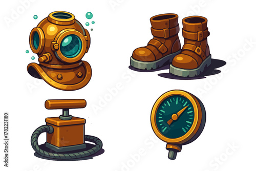 Vintage deep sea diving gear collection featuring helmet, heavy boots, pressure gauge, and detonator