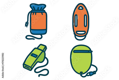 Essential water safety and outdoor activity gear set including rescue buoy and whistle