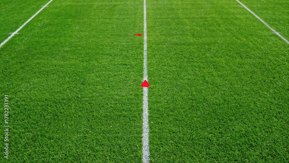 Fototapeta premium American football field featuring vibrant green synthetic turf, ten yard line indicators, and horizontal yard markings in red and white, sports training environment
