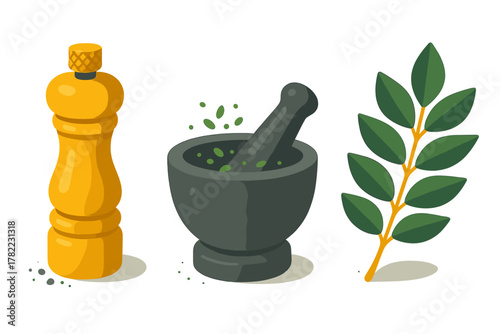 Essential cooking tools including a yellow pepper mill, dark mortar and pestle, and fresh green herb sprig