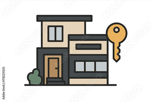 Modern house icon with large key representing real estate purchase and home ownership