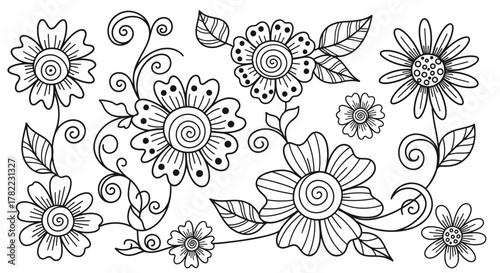 Playful Whimsical Arrangement of Stylized Flowers and Leaves with Swirling Stems, Black Line Art on Isolated White Background