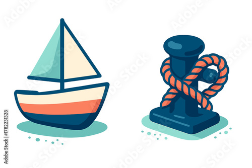 Colorful stylized nautical icons showing a small sailboat and a dock bollard secured with mooring rope
