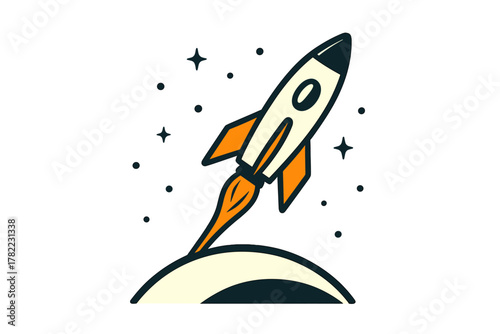 Classic space rocket taking off from a celestial body into the starry cosmos