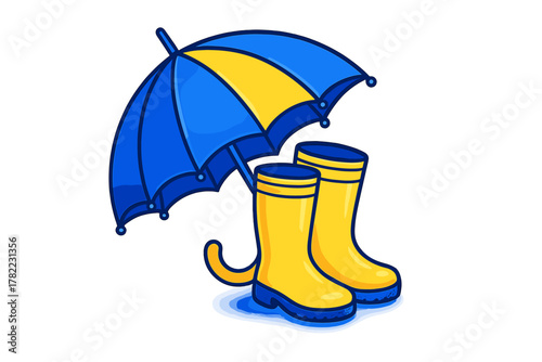 Pair of bright yellow rubber boots standing under an open blue and yellow umbrella
