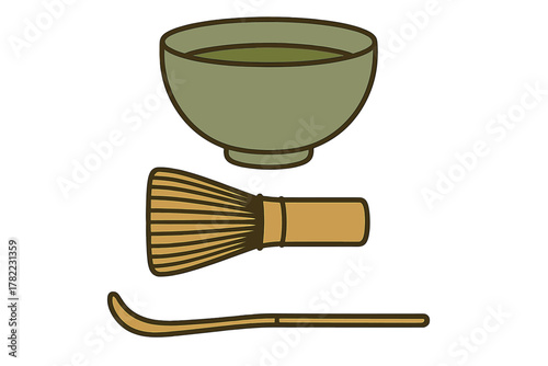 Traditional Japanese matcha tea ceremony set with bowl, bamboo whisk, and scoop