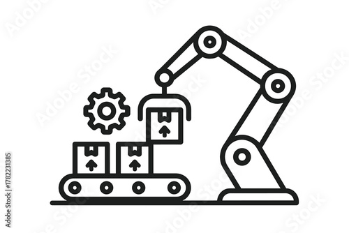 Robotic manipulator arm placing a package onto an automated factory conveyor belt