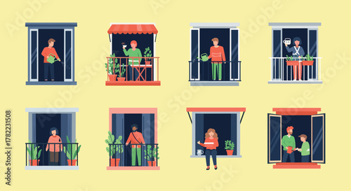 Neighbors connect and care for plants on balconies during quiet moments at home, fostering community spirit