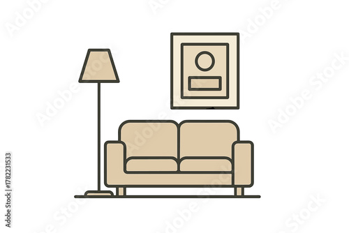 Simple interior scene featuring a comfortable two-seater couch, tall standing lamp, and decorative wall picture