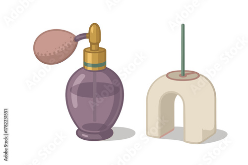 Vintage perfume atomizer bottle and modern incense stick holder for aromatherapy and beauty