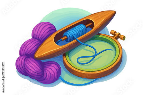 Colorful crafting supplies featuring purple yarn, wooden shuttle, and embroidery hoop