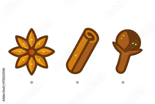 Star anise, cinnamon stick, and clove bud aromatic cooking spices isolated on white background