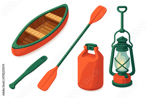 Collection of camping and canoeing equipment including boat, paddle, dry bag, and oil lamp