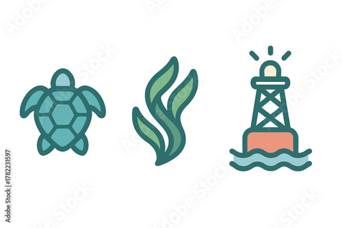 Colorful flat design symbols of sea turtle, aquatic plant, and navigational buoy