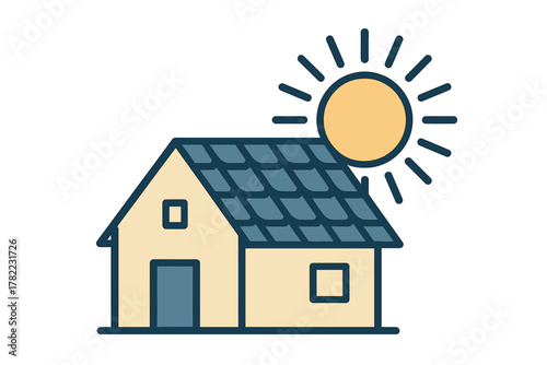 Minimalist house featuring a blue roof and a bright yellow sun shining above