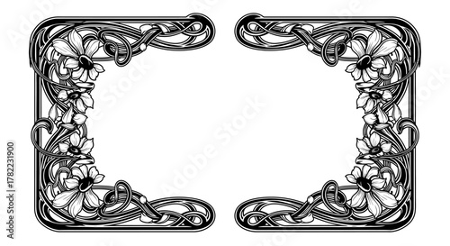 Elegant Art Nouveau Style Ornate Corner Decorative Elements with Flowers and Swirls, Black Line Art on Isolated White Background