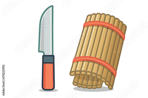Sharp utility knife next to a stack of natural bamboo sticks secured with red rope