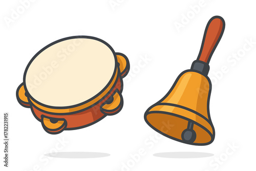 Stylized musical instruments featuring a tambourine and a ringing hand bell