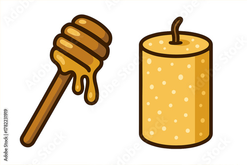 Wooden honey dipper dripping sweet golden honey next to a textured cylindrical beeswax candle