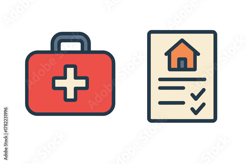 Icons representing home safety policy document and medical emergency first aid kit concepts