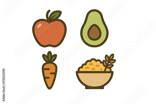 Simple outlined healthy food items featuring avocado, carrot,, and a bowl of cereal or oatmeal