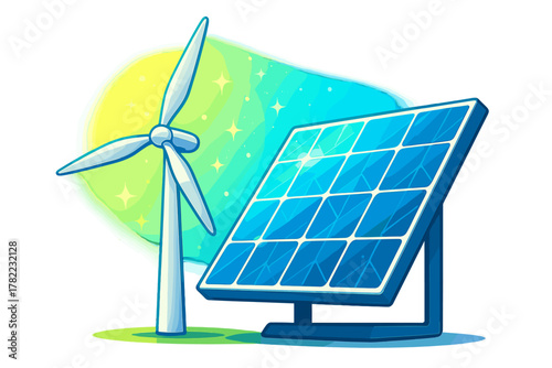 Renewable energy concept showing a wind turbine and a solar panel generating clean power