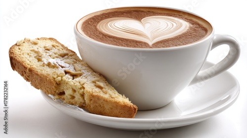Cup of hot beverage with heart art and biscuit rests on saucer.