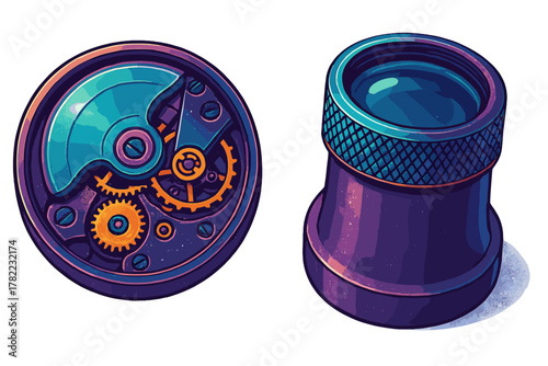 Mechanical watch movement gears and jeweler's loupe for precision inspection