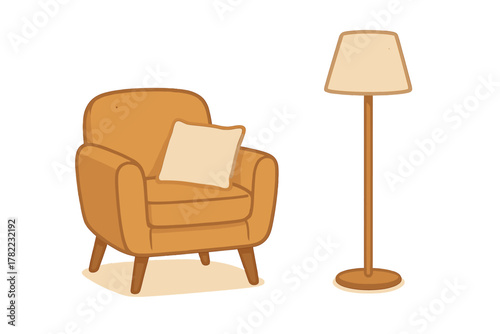 Comfortable armchair with cushion and tall standing floor lamp in a cozy living room setting