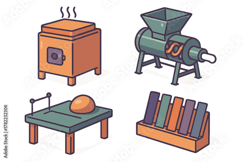 Isometric industrial equipment for craft production including kiln and grinder