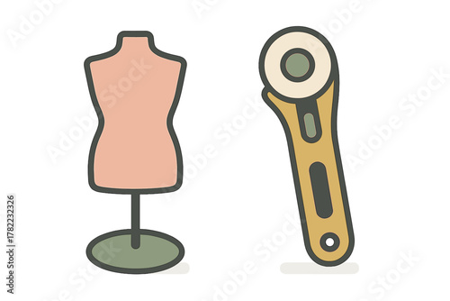 Essential sewing tools featuring a dress form and a fabric rotary cutter
